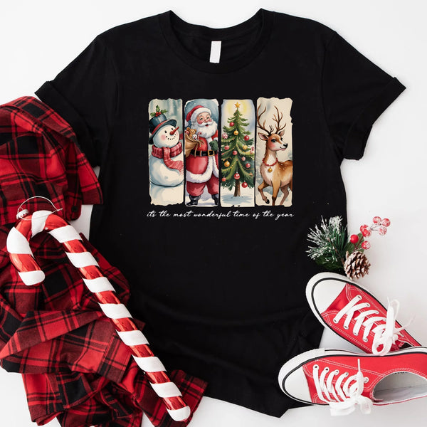May include a cozy Christmas crewneck shirt featuring a vintage-style Santa Claus graphic with festive details and classic lettering such as “It’s the Most Wonderful Time.” The design has a nostalgic holiday charm, ideal for celebrating the Christmas season in comfort and style.