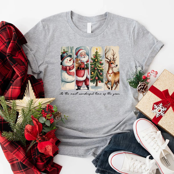 May include a cozy Christmas crewneck shirt featuring a vintage-style Santa Claus graphic with festive details and classic lettering such as “It’s the Most Wonderful Time.” The design has a nostalgic holiday charm, ideal for celebrating the Christmas season in comfort and style.