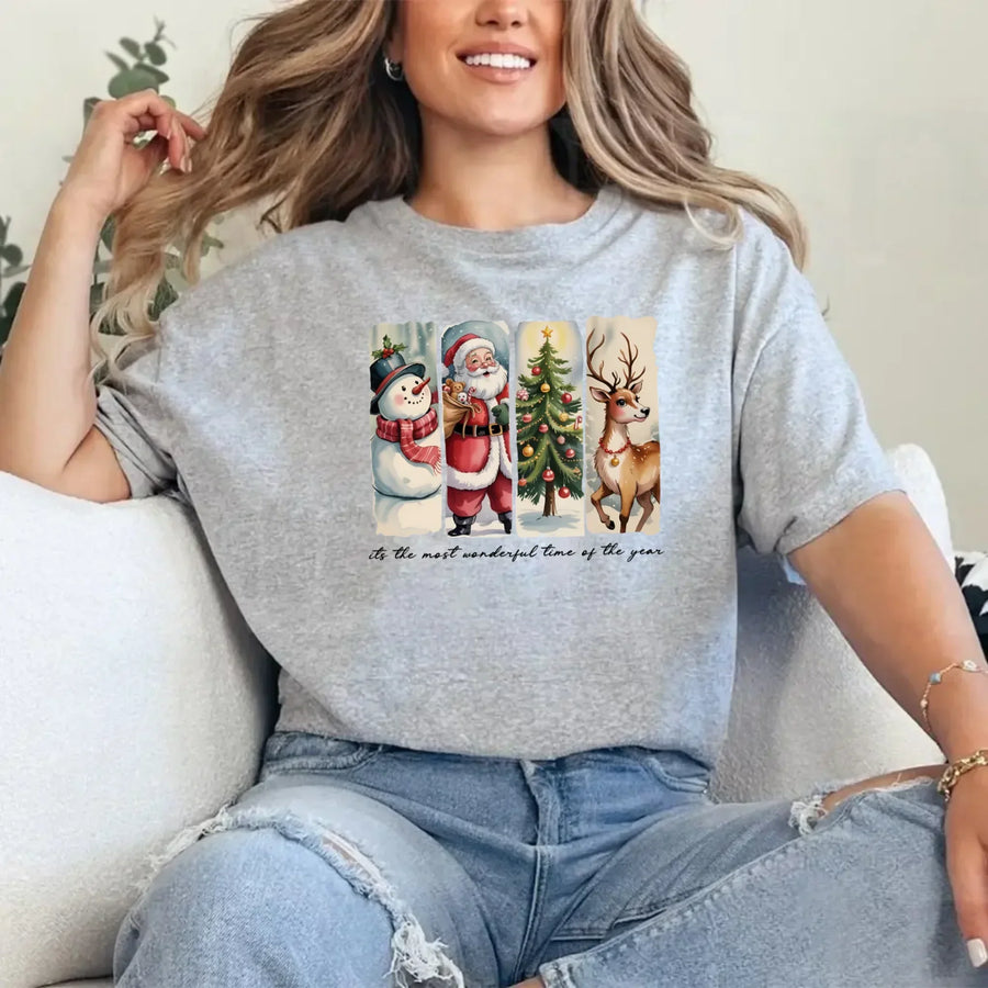 May include a cozy Christmas crewneck shirt featuring a vintage-style Santa Claus graphic with festive details and classic lettering such as “It’s the Most Wonderful Time.” The design has a nostalgic holiday charm, ideal for celebrating the Christmas season in comfort and style.