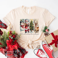 May include a cozy Christmas crewneck shirt featuring a vintage-style Santa Claus graphic with festive details and classic lettering such as “It’s the Most Wonderful Time.” The design has a nostalgic holiday charm, ideal for celebrating the Christmas season in comfort and style.