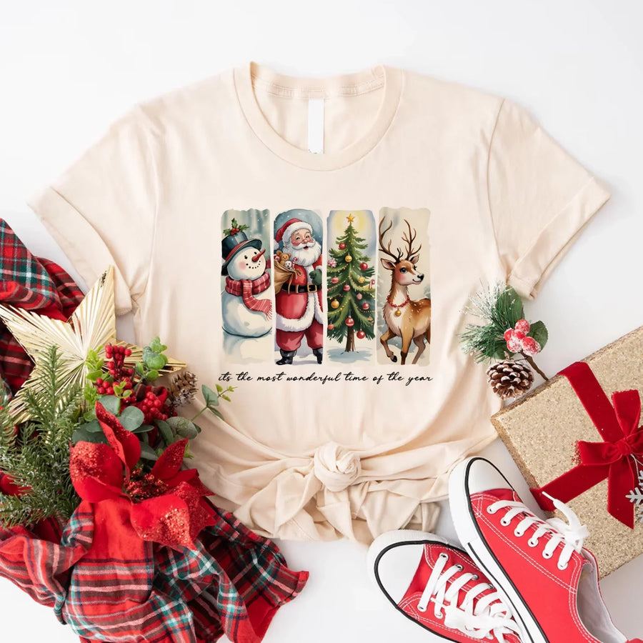 May include a cozy Christmas crewneck shirt featuring a vintage-style Santa Claus graphic with festive details and classic lettering such as “It’s the Most Wonderful Time.” The design has a nostalgic holiday charm, ideal for celebrating the Christmas season in comfort and style.