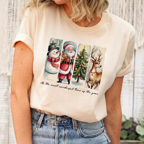 May include a cozy Christmas crewneck shirt featuring a vintage-style Santa Claus graphic with festive details and classic lettering such as “It’s the Most Wonderful Time.” The design has a nostalgic holiday charm, ideal for celebrating the Christmas season in comfort and style.