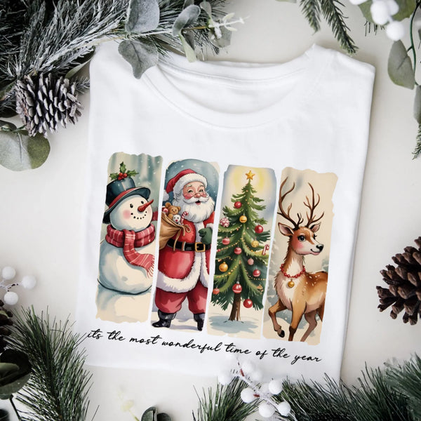 May include a cozy Christmas crewneck shirt featuring a vintage-style Santa Claus graphic with festive details and classic lettering such as “It’s the Most Wonderful Time.” The design has a nostalgic holiday charm, ideal for celebrating the Christmas season in comfort and style.