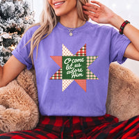 May include an O Come Let Us Adore Him Comfort Colors Christmas T-Shirt featuring a Christian holiday message inspired by a beloved Christmas hymn, designed for church services, family gatherings, worship events, and meaningful seasonal gifting.