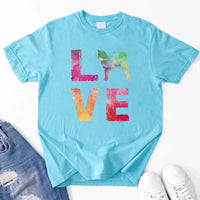 May include a graphic top featuring a watercolor-style design that expresses love for dogs.