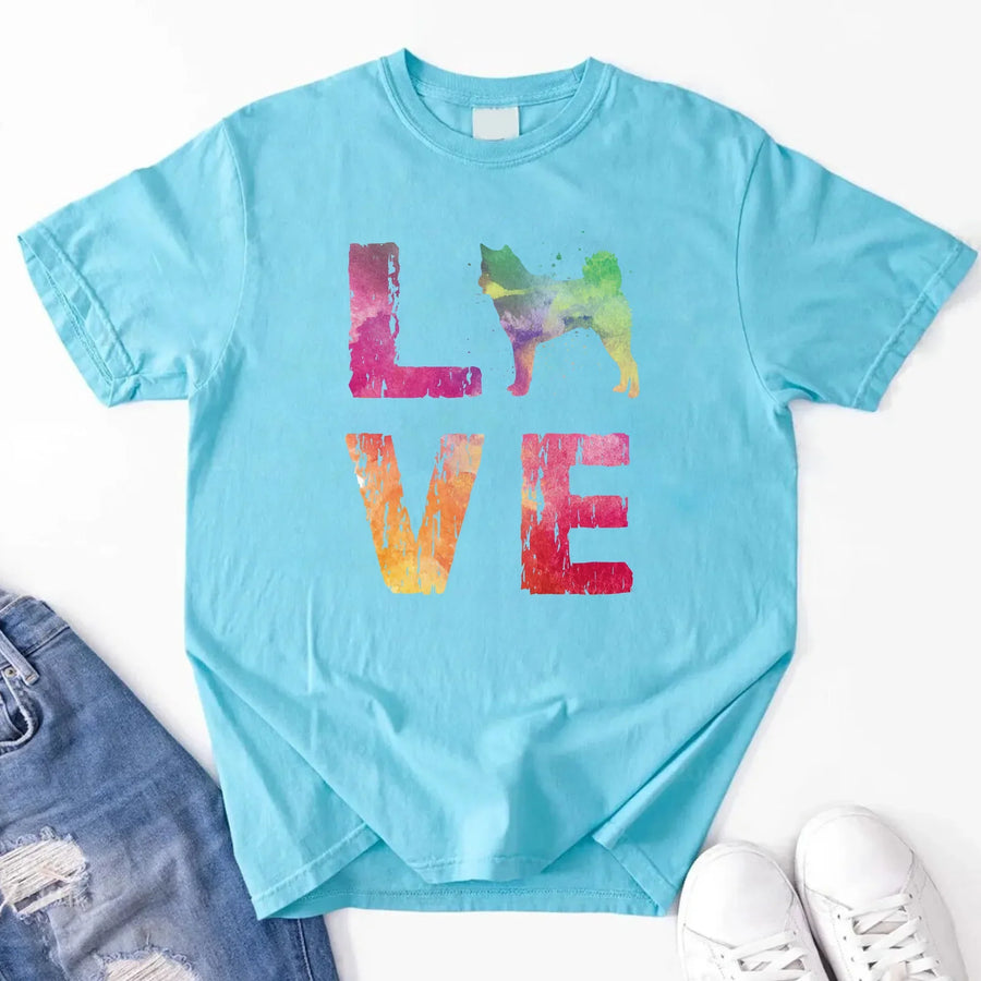 May include a graphic top featuring a watercolor-style design that expresses love for dogs.