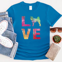 May include a graphic top featuring a watercolor-style design that expresses love for dogs.