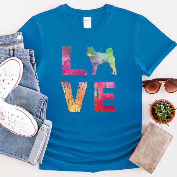 May include a graphic top featuring a watercolor-style design that expresses love for dogs.