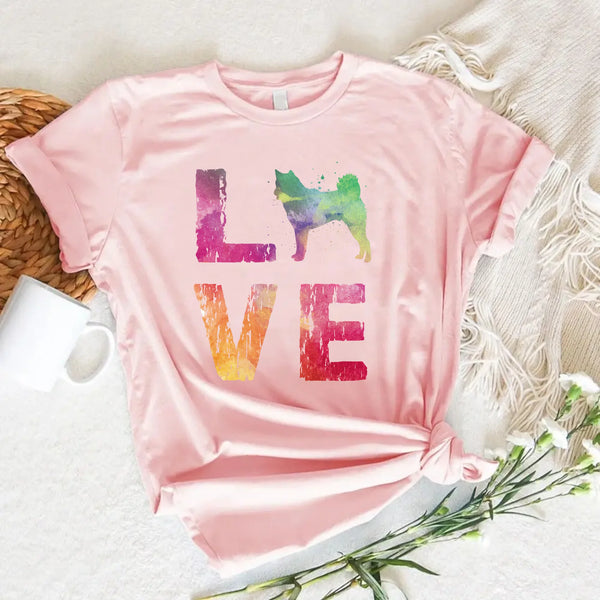 May include a graphic top featuring a watercolor-style design that expresses love for dogs.