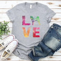 May include a graphic top featuring a watercolor-style design that expresses love for dogs.