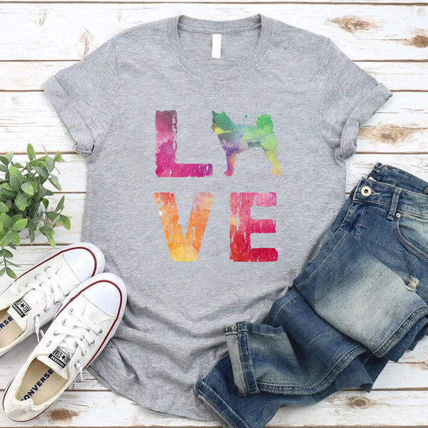 May include a graphic top featuring a watercolor-style design that expresses love for dogs.