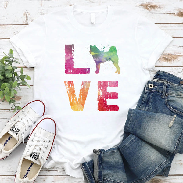 May include a graphic top featuring a watercolor-style design that expresses love for dogs.