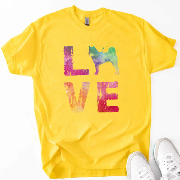 May include a graphic top featuring a watercolor-style design that expresses love for dogs.