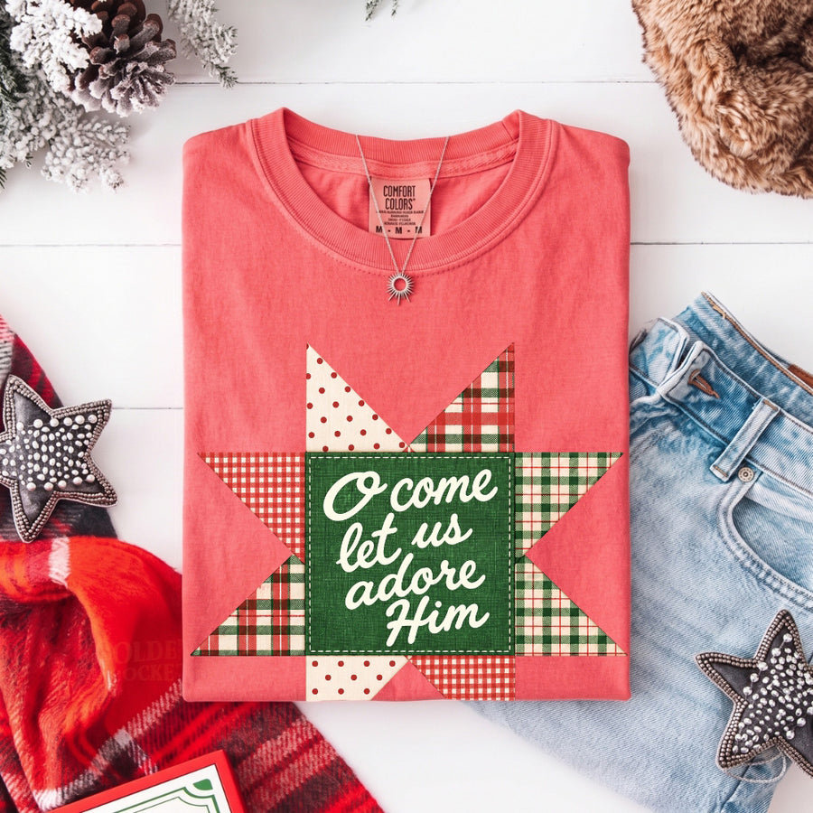 May include an O Come Let Us Adore Him Comfort Colors Christmas T-Shirt featuring a Christian holiday message inspired by a beloved Christmas hymn, designed for church services, family gatherings, worship events, and meaningful seasonal gifting.