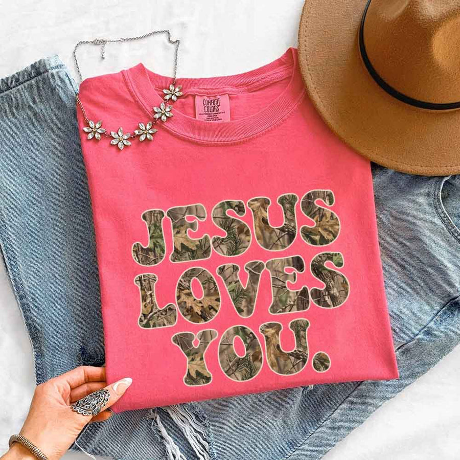 Jesus Loves You Camouflage Comfort Colors - Faith Based Graphic Tee