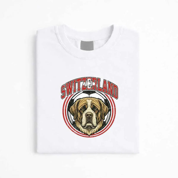 White custom tee with Switzerland text and St. Bernard dog graphic