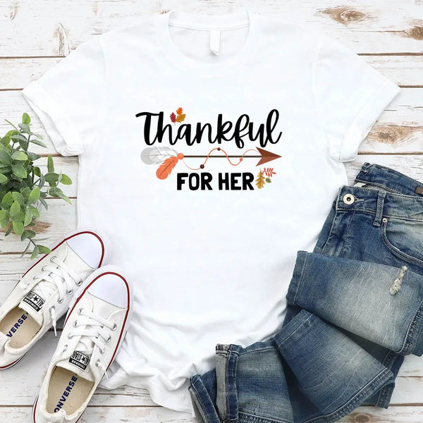 Thankful For Her/Him Thanksgiving Couple T-Shirt – Cute Matching Holiday Tees