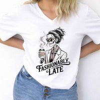 Fashionably Late Unisex V-Neck Tee – Funny Casual Graphic Shirt