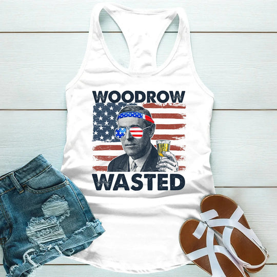 Get party-ready this Independence Day with the Woodrow Wasted tank – a funny patriotic top for summer fun.
White