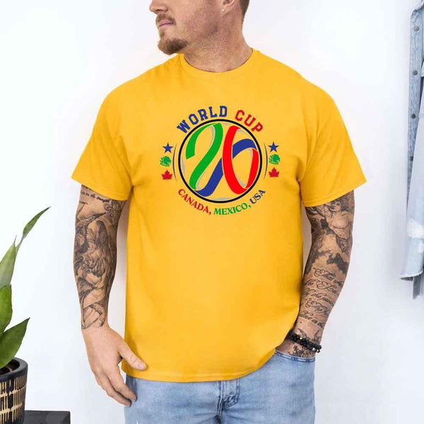 May include a person wearing a Daisy colored 2026 World Cup T-shirt featuring bold soccer graphic and relaxed fit.