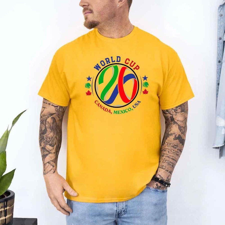 May include a person wearing a Daisy colored 2026 World Cup T-shirt featuring bold soccer graphic and relaxed fit.