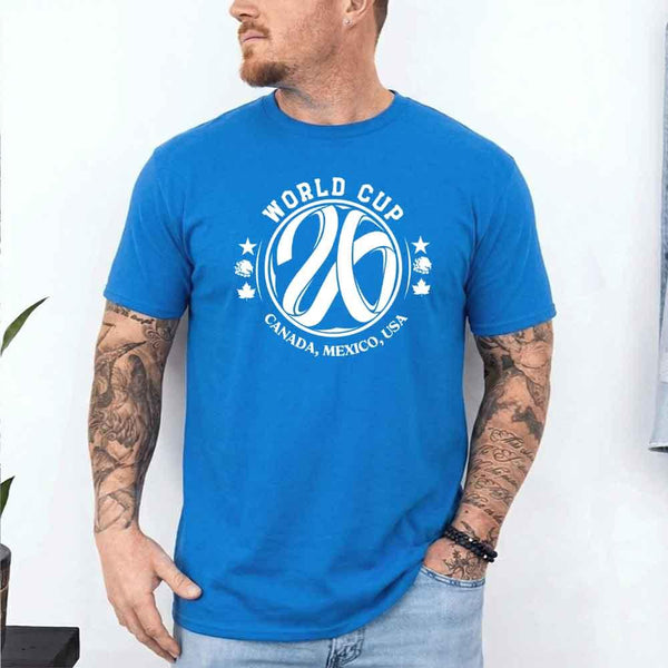 May include a person wearing a Sapphire colored 2026 World Cup T-shirt featuring bold soccer graphic and relaxed fit.