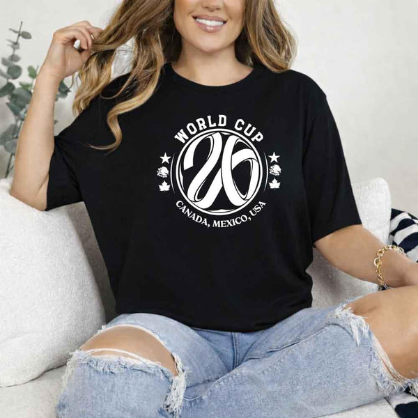 May include a person wearing a Black colored 2026 World Cup T-shirt featuring bold soccer graphic and relaxed fit.