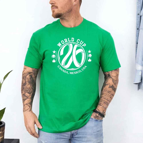 May include a person wearing an Irish Green colored 2026 World Cup T-shirt featuring bold soccer graphic and relaxed fit.
