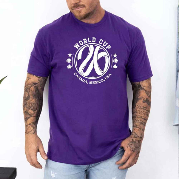 May include a person wearing a Purple colored 2026 World Cup T-shirt featuring bold soccer graphic and relaxed fit.