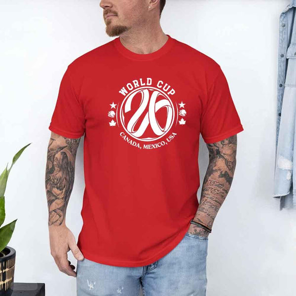 May include a person wearing a Red colored 2026 World Cup T-shirt featuring bold soccer graphic and relaxed fit.