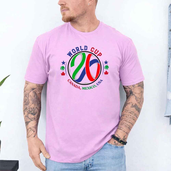 May include a person wearing a Lilac colored 2026 World Cup T-shirt featuring bold soccer graphic and relaxed fit.