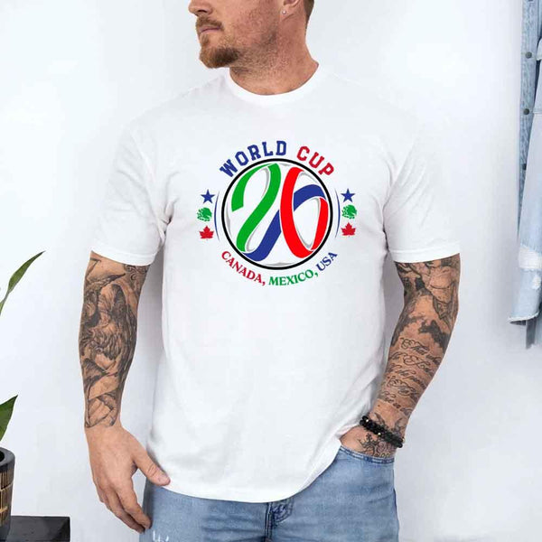 May include a person wearing a White colored 2026 World Cup T-shirt featuring bold soccer graphic and relaxed fit.