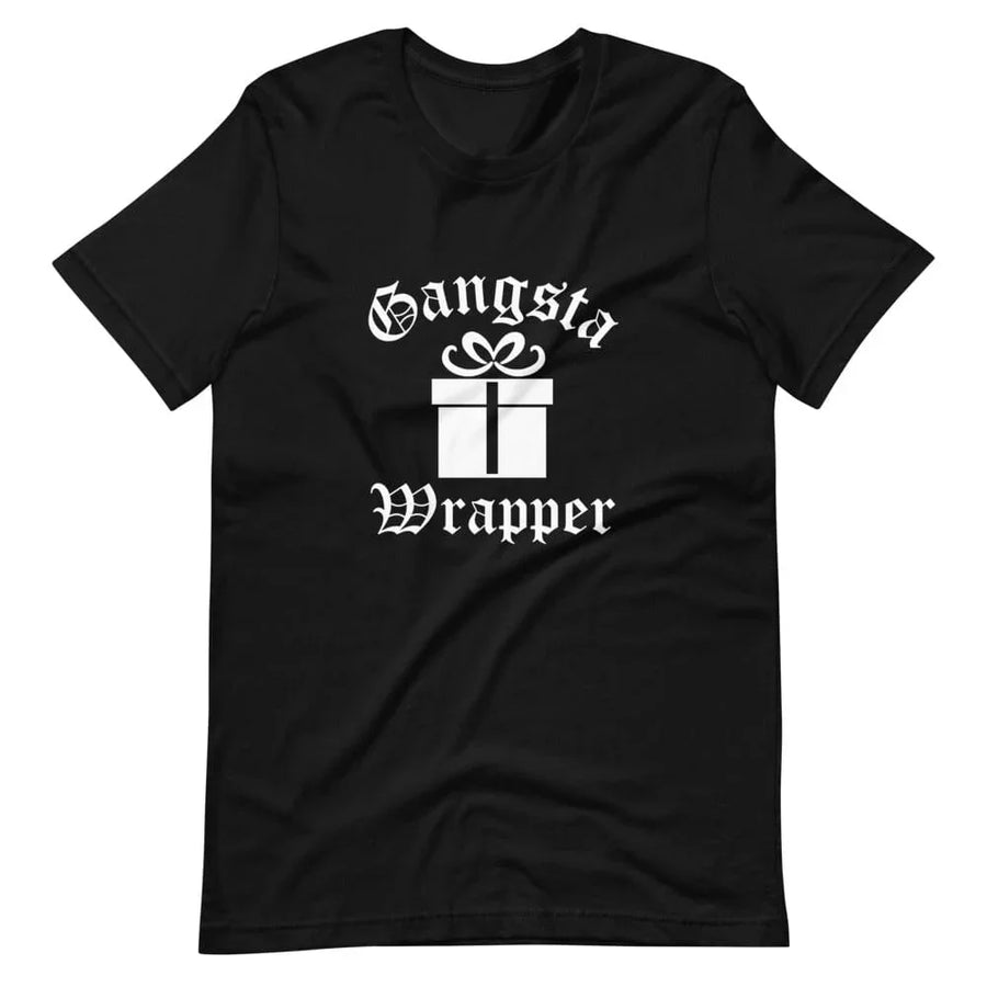 Black t-shirt with 'Gangsta Wrapper' design on it