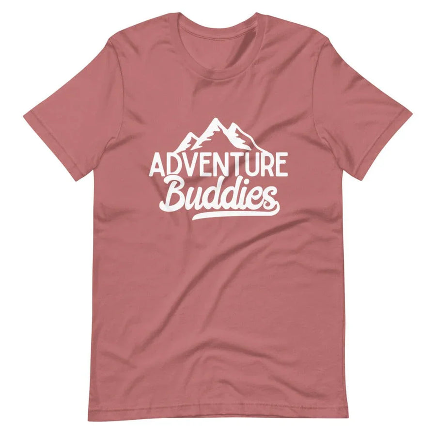 Mauve unisex t-shirt with white 'Adventure Buddies' text and mountain graphic.