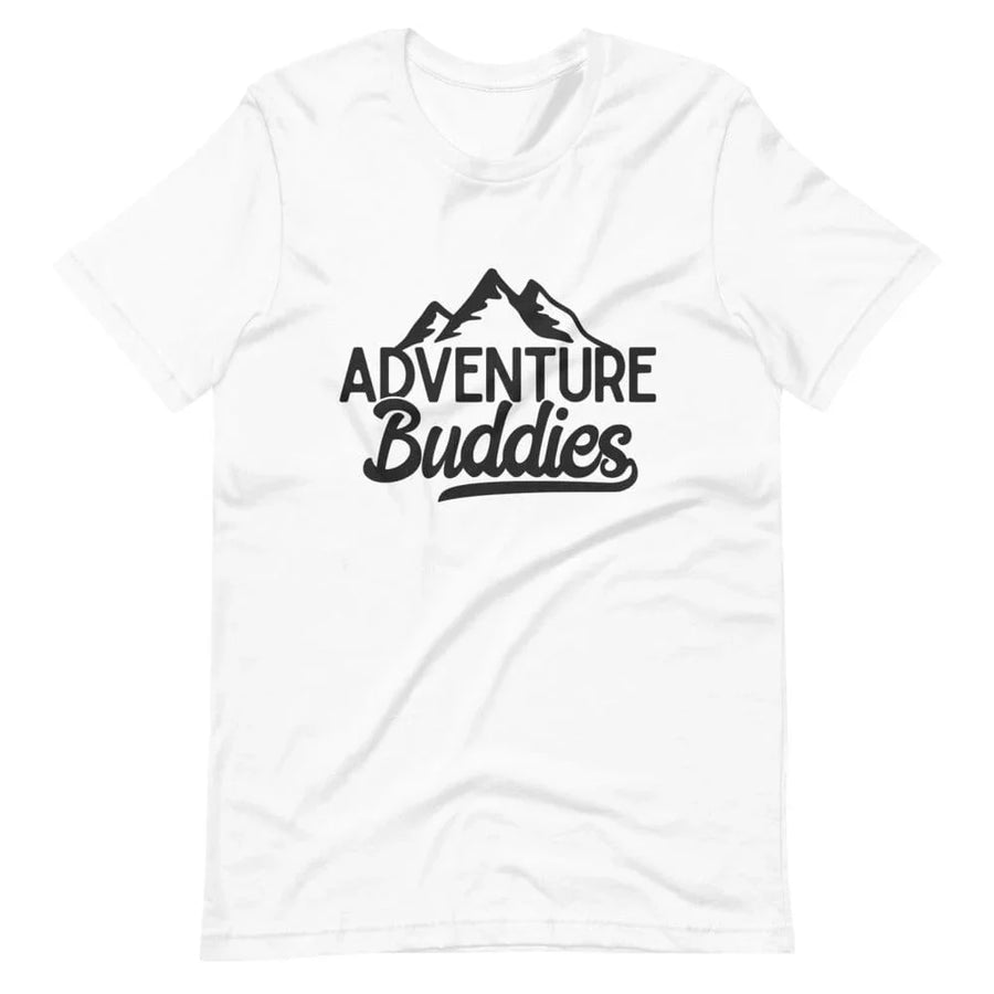 White t-shirt with black Adventure Buddies mountain graphic and text design.