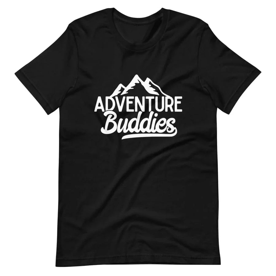 Black t-shirt with white 'Adventure Buddies' text and mountain graphic print