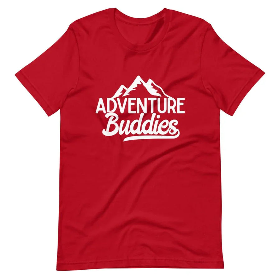 Red t-shirt with white 'Adventure Buddies' text and mountain graphic, custom tee design