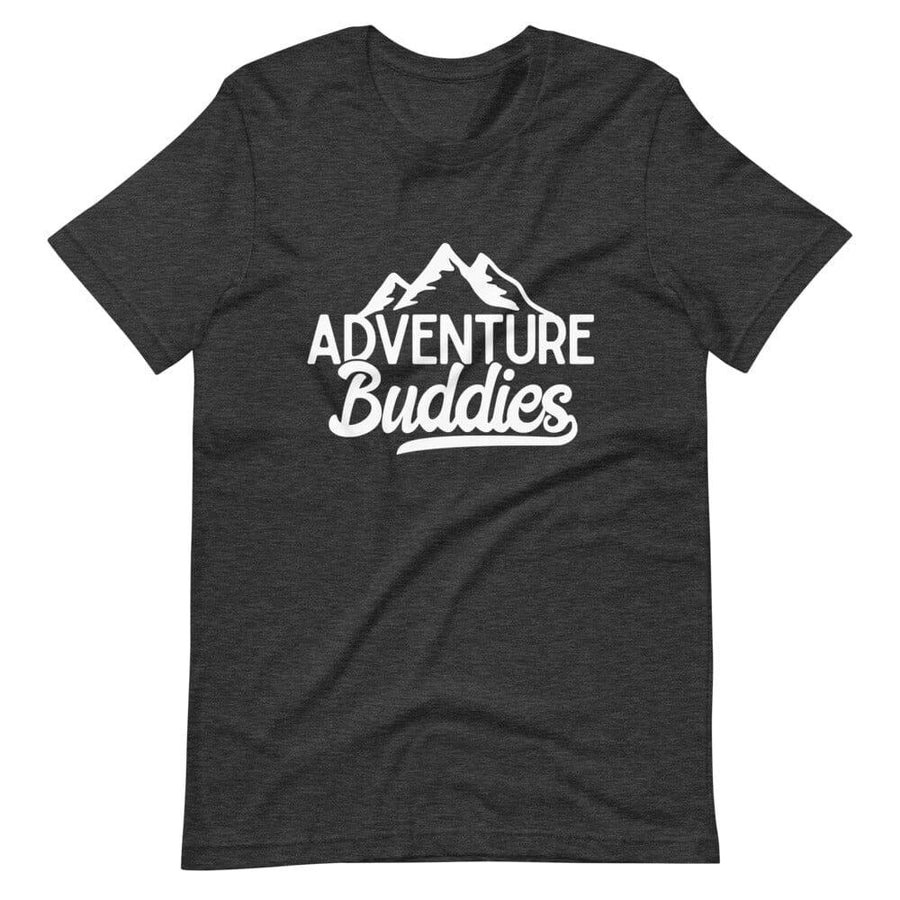 Black t-shirt with white 'Adventure Buddies' text and mountain graphic for outdoor enthusiasts