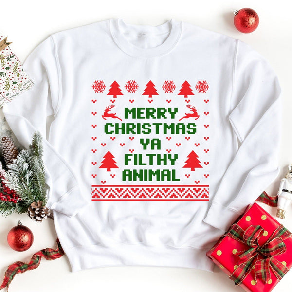 May include a colored Merry Christmas Ya Filthy Animal sweatshirt displayed to show the graphic on the front.