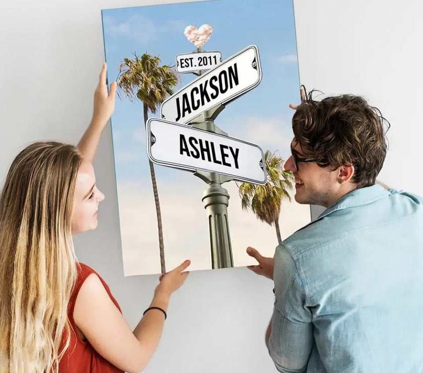 Custom Street Sign Palms With Names Canvas For Couples