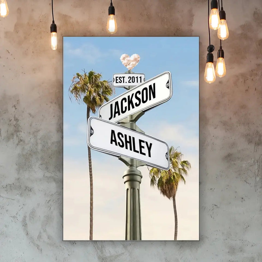 Custom Street Sign Palms With Names Canvas For Couples