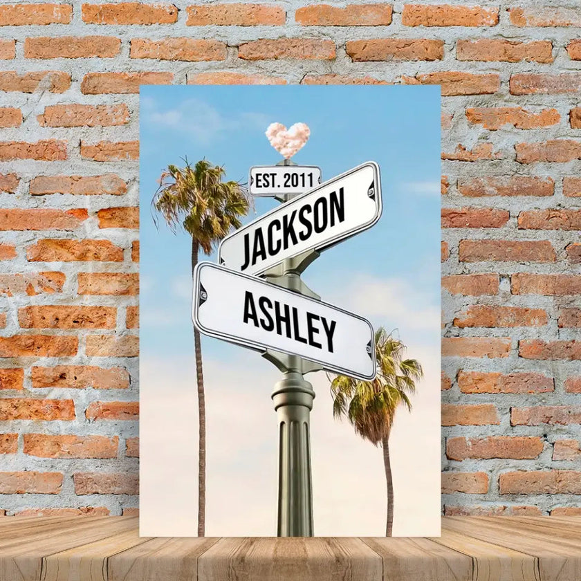 Custom Street Sign Palms With Names Canvas For Couples