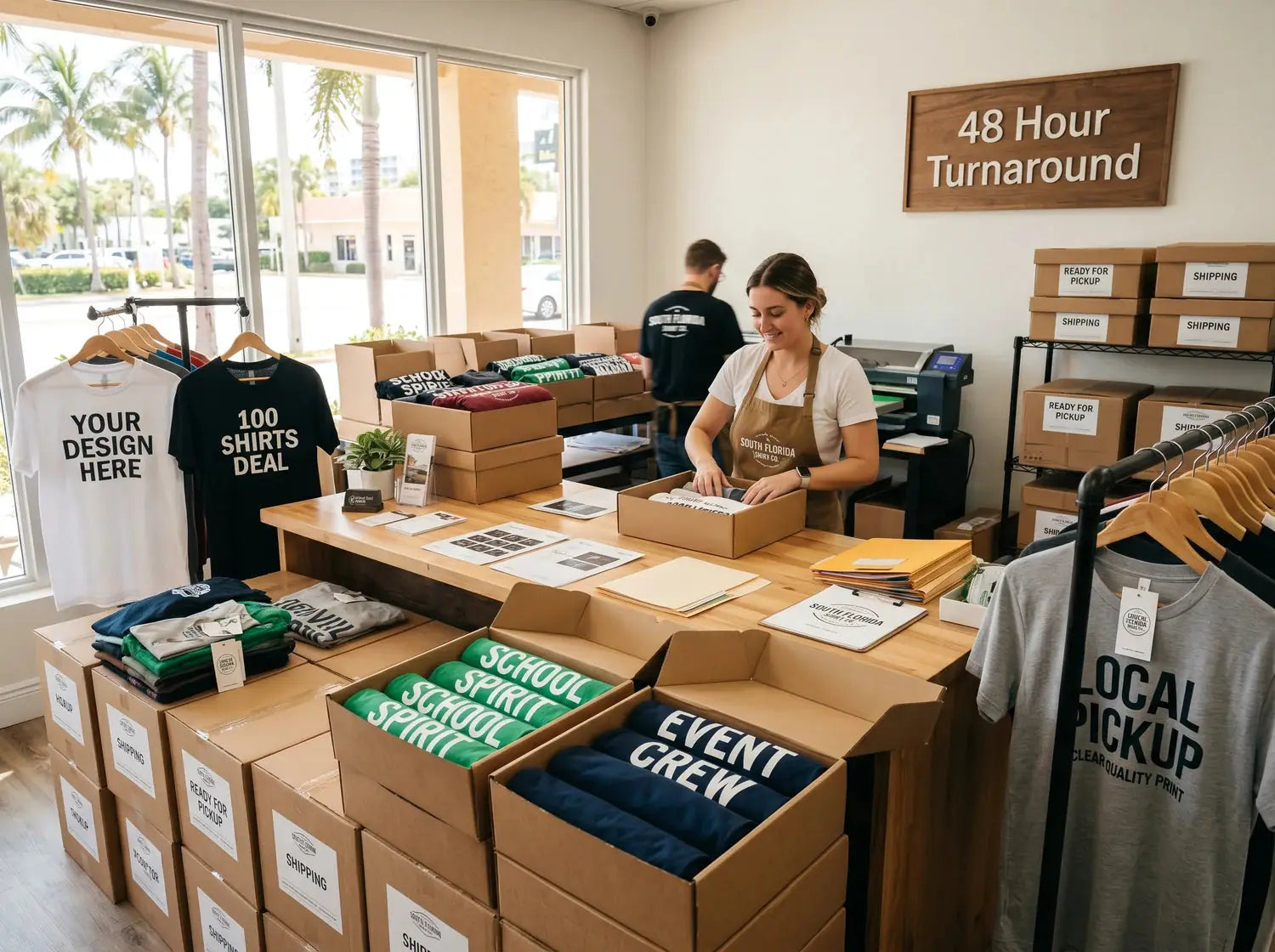 Custom t-shirt order boxes and printed shirts for 48 hour turnaround and local pickup at Adorb Custom Tees in Hallandale Beach Florida