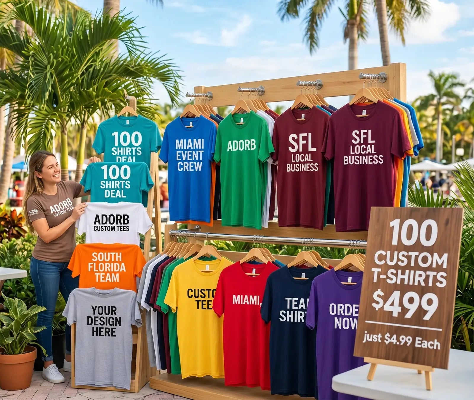 100 custom t-shirts for $499 full color printing deal Miami South Florida with vibrant printed designs and palm trees