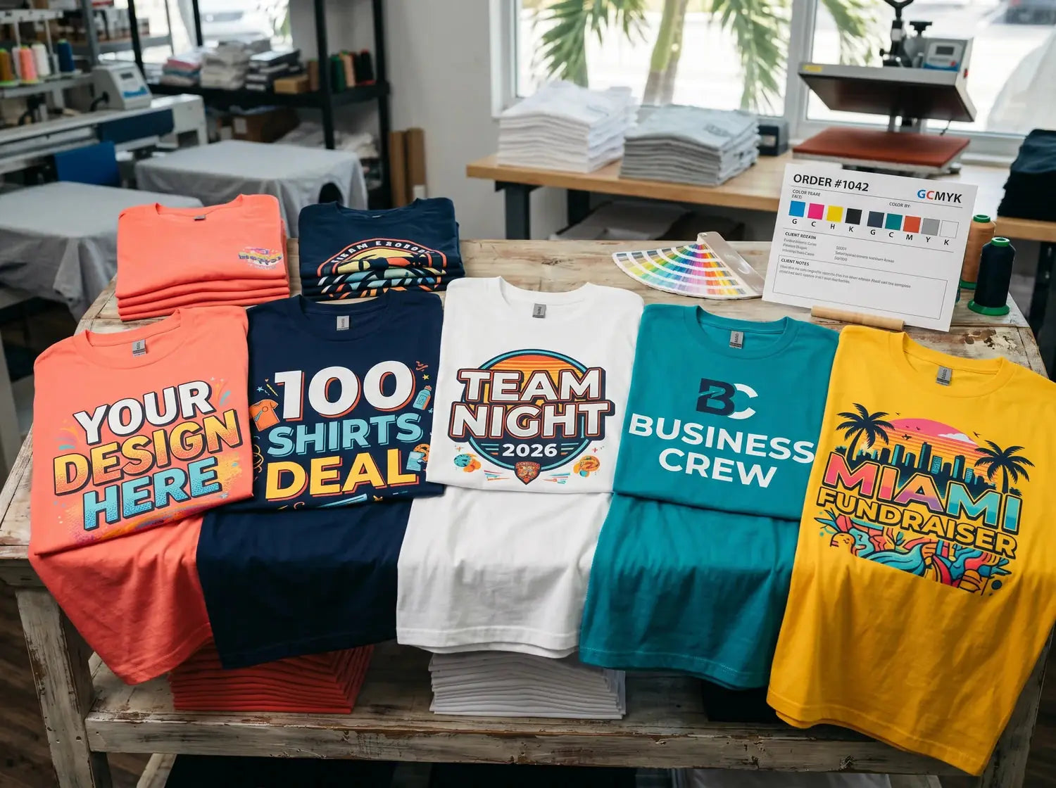 Close-up of full color custom t-shirts for the Adorb 100 shirts for $499 deal with business team event and fundraiser designs