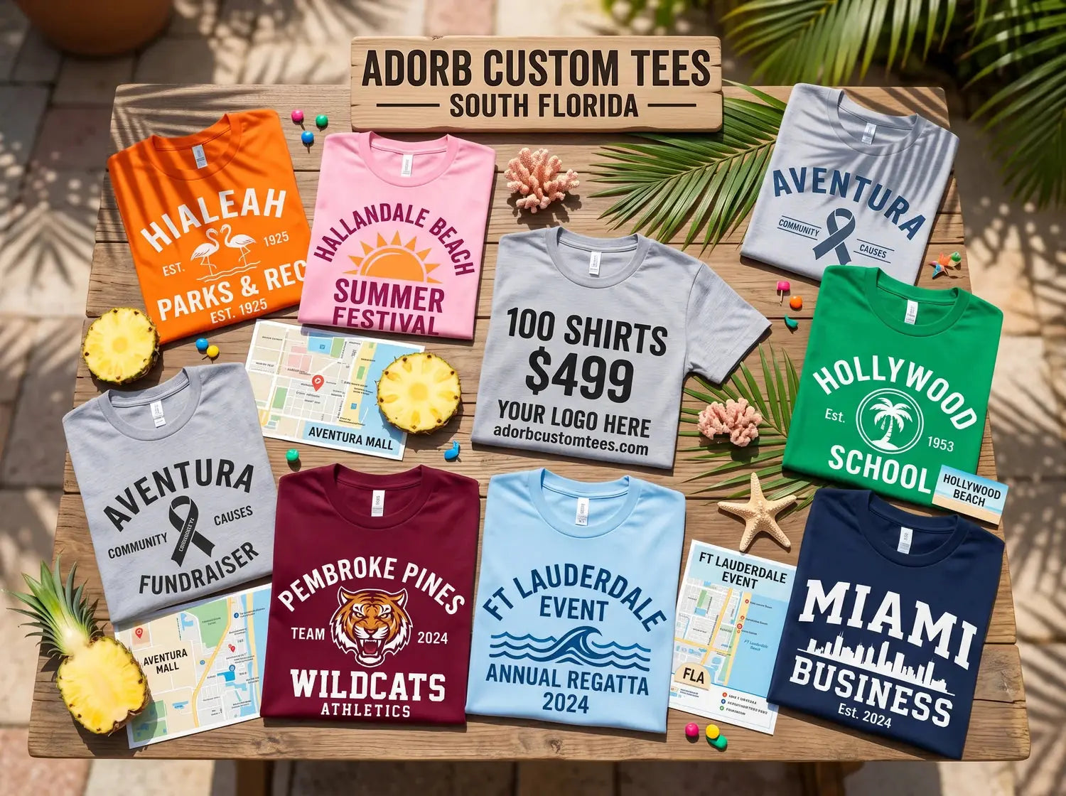 South Florida custom t-shirt service area display for Miami Hollywood Fort Lauderdale Pembroke Pines Aventura and Hallandale Beach