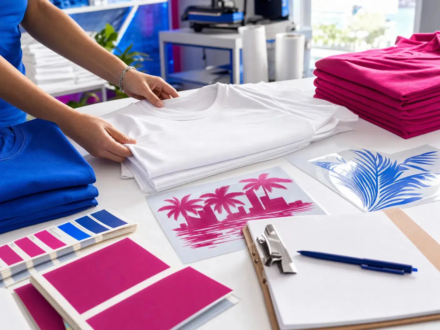 Artwork and production tools for custom t-shirt printing at Adorb Custom Tees in Hallandale Beach Florida