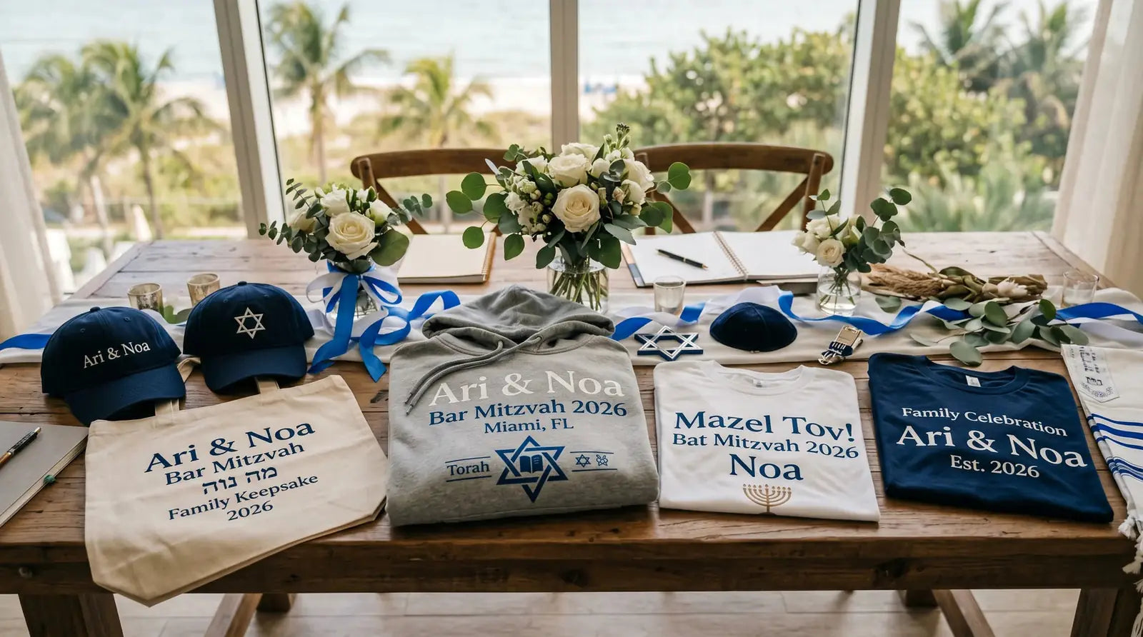 Bar and Bat Mitzvah custom t-shirts hoodies hats and apparel with personalized Hebrew and English designs for Miami South Florida families