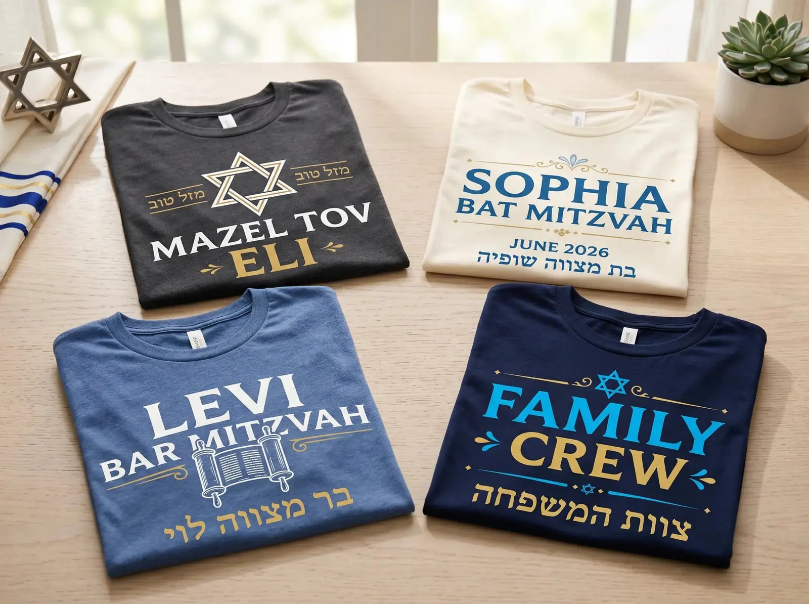 Folded Bar and Bat Mitzvah custom t-shirts with Mazel Tov names Hebrew lettering dates and Torah symbols printed for South Florida celebrations