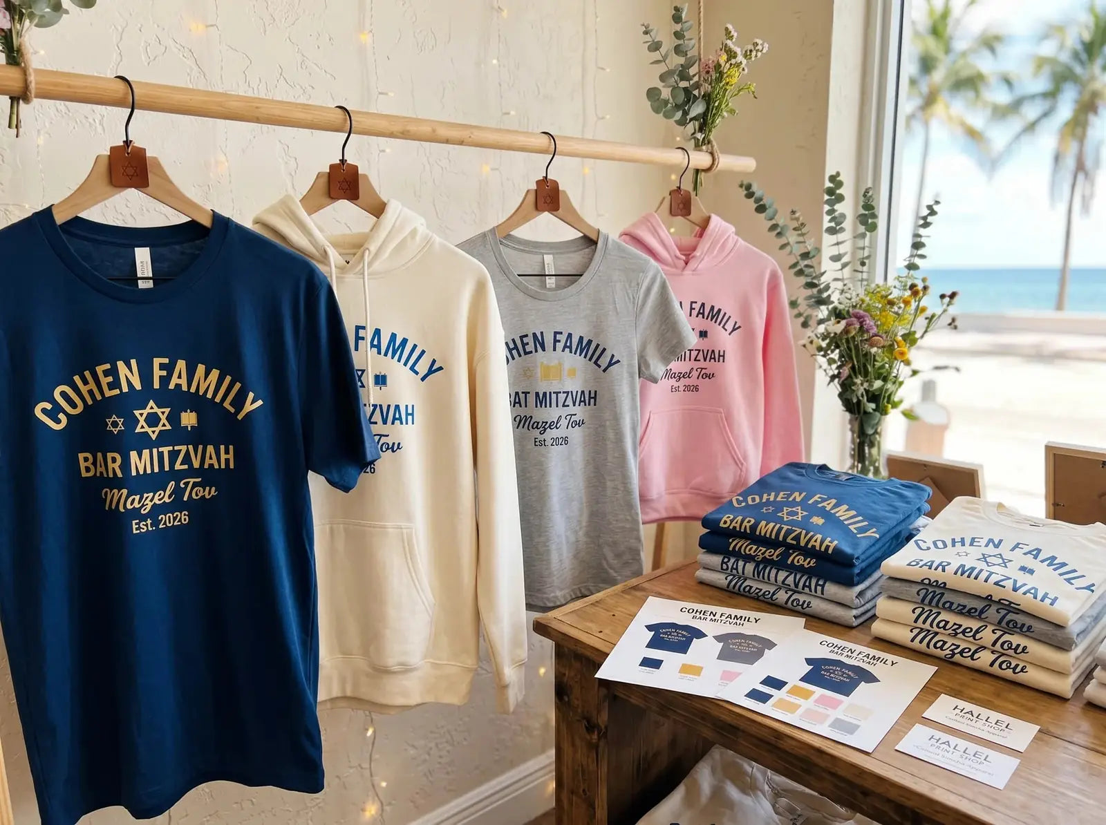 Family matching Bar and Bat Mitzvah t-shirts and hoodies with Cohen Family Mazel Tov event date and color proof sheets in Hallandale Beach print shop